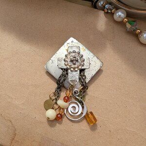 Vintage 1980's Cross Brooch with Beaded & Charm Chain Fringe, AS IS